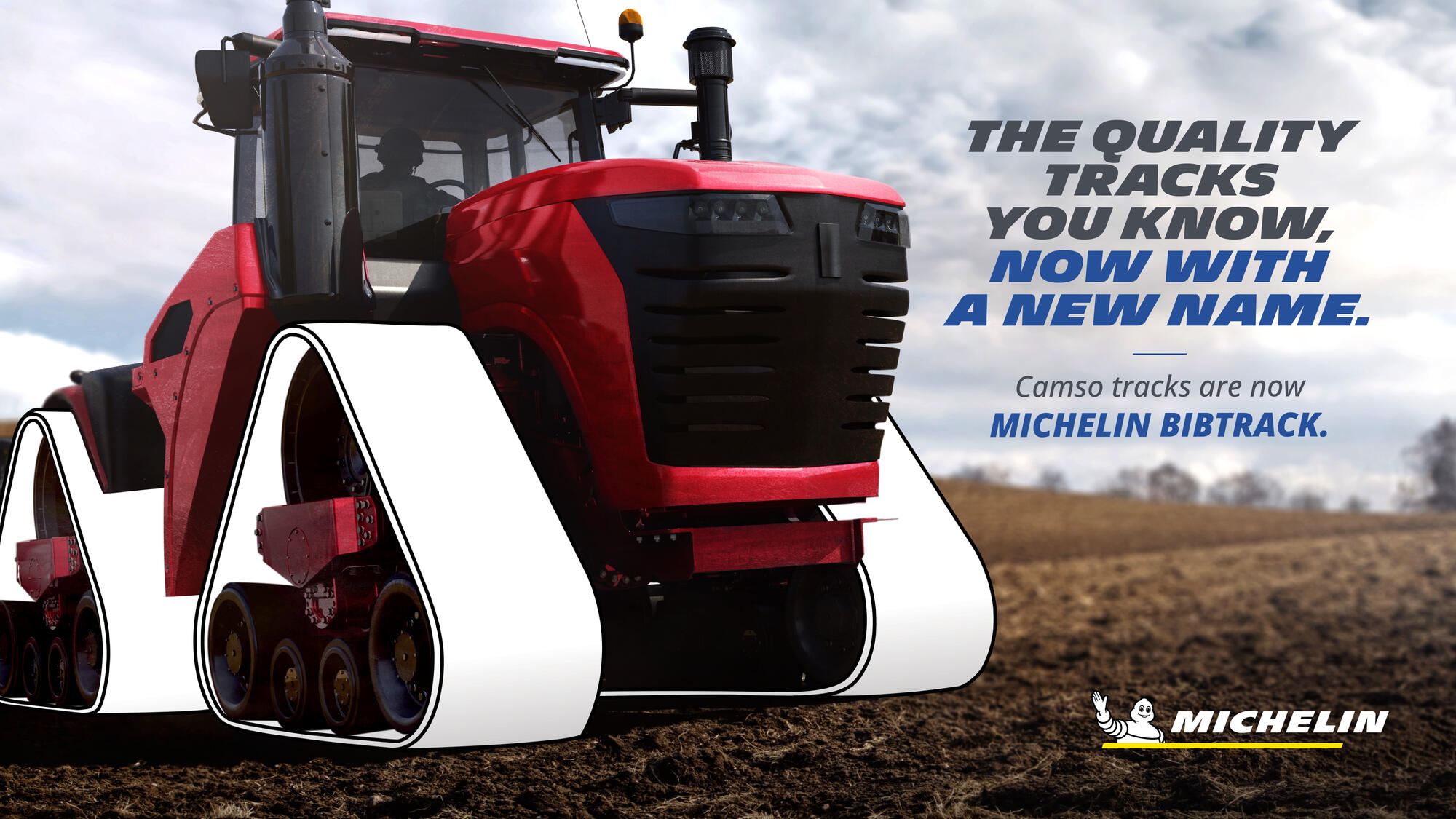 Michelin key visual of a tracked tractor with the words The quality tracks you know, now with a new name. Camso tracks are now Michelin Bibtrack.